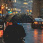 person walking on street and holding umbrella while raining with vehicle nearby